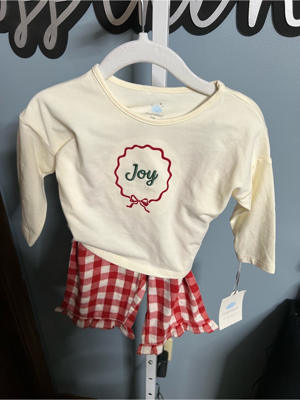 Cloud Island Cream "Joy" Pajama Set with Red Gingham Pants NWT 6-9 months